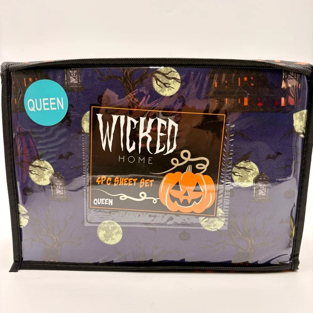 Wicked Home Halloween Queen Sheet Set 4pc Haunted House Cemetery Purple Spooky
